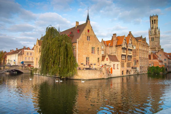 Фламандська Декоративна Архітектура Брюгге Каналом Лебедями Плавають Ряд Фландрія Бельгія — стокове фото