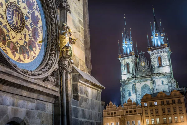 Zegar Astronomiczny Kościół Tynie Wieża Ratuszowa Pradze Świcie Republika Czeska — Zdjęcie stockowe