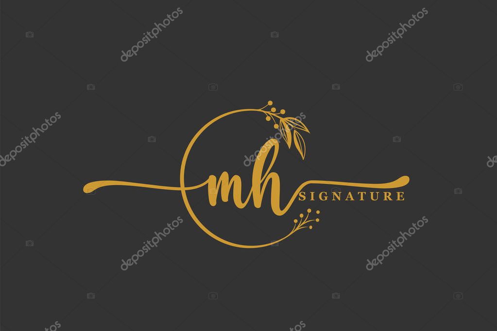 Luxury gold signature initial M H logo design isolated leaf and flower