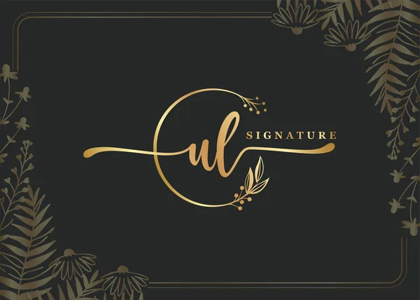 Lyx Guld Signatur Första Logotyp Design Isolerat Blad Och Blomma — Stock vektor