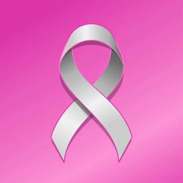 Badge Ruban Blanc Isolé Fond Rose Badge Sensibilisation Cancer Sein — Image vectorielle