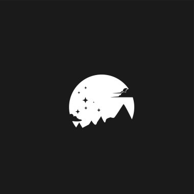 Gece Gökyüzü Minimalisti ve Düz Logo Vektörü İllüstrasyonu. Siyah Arkaplanda Beyaz
