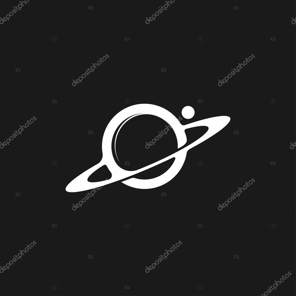 Minimalist planet logo design featuring a stylized ringed planet and a small satellite. Clean and modern vector illustration