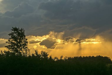 Tarlaların üzerinde dramatik bir gün batımı. Doğu Litvanya 'da tarım arazisi.