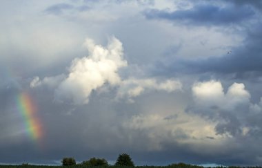 Tarlaların üzerinde çok parlak bir gökkuşağı. Doğu Litvanya 'da tarım arazisi.
