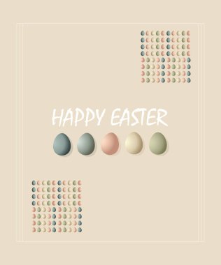 Pastel renkli yumurtalar ve minimalist tasarımlı soyut geometrik desenli Paskalya tebrik kartı.