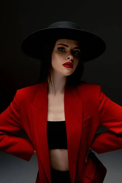 Young Girl Hat Red Jacket Poses Studio — Stok fotoğraf