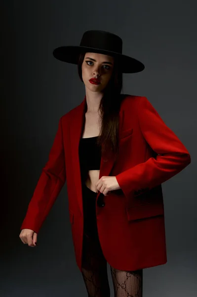 Young Girl Hat Red Jacket Poses Studio — Stock Fotó
