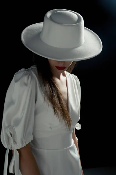 Young Girl White Hat Dress Poses Studio — Stok fotoğraf