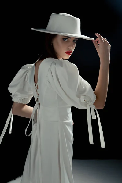 Young Girl White Hat Dress Poses Studio — Photo