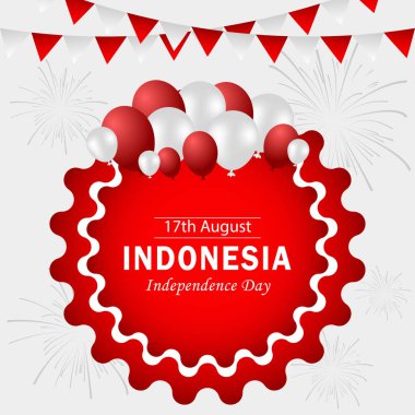 Endonezya 'nın bağımsızlık günü kutlu olsun tebrik kartı, afiş, vektör illüstrasyonu. Endonezya tatili 17 Ağustos tasarımı. Endonezya Bağımsızlık Günü vektör çizimi.