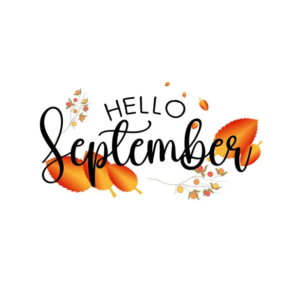 Bienvenue Septembre Nouveau Mois Bonjour Septembre Vecteur Avec Feuilles Automne — Image vectorielle
