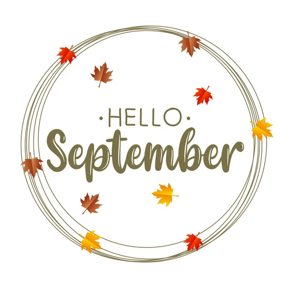 Bienvenue Septembre Nouveau Mois Bonjour Septembre Vecteur Avec Feuilles Automne — Image vectorielle