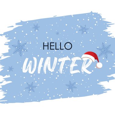 Kar taneleri vektörlü Merhaba Winter. Sosyal medya paylaşımına merhaba kış. Hoş geldin kış vektörü.