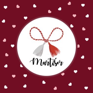 Martisor vektör kartı, çizim. 1 Mart 'ta Romanya ve Moldova' da bahar tatili. Martisor, baharın gelişini simgeleyen bir tatil anlamına gelir..