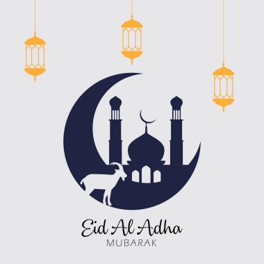 Kurban Bayramı festivali. Kurbanlık koyun ve hilal arkaplanlı tebrik kartı. Bayram tema vektörü.