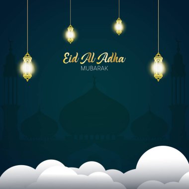 Kurban Bayramı festivali. Kurbanlık koyun ve hilal arkaplanlı tebrik kartı. Bayram tema vektörü.