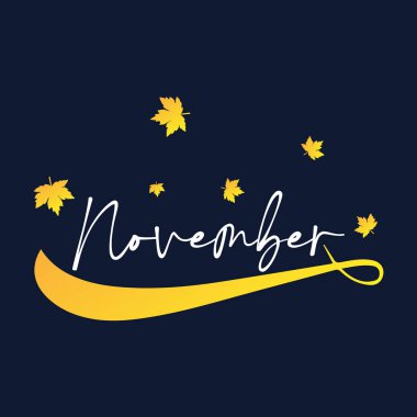 Merhaba Kasım vektörü. Sonbahar havasıyla kasımda. Takvim, aylık logo, kurşun günlüğü veya aylık düzenleyici için el yazısıyla yazılmış ay Kasım ayı. 