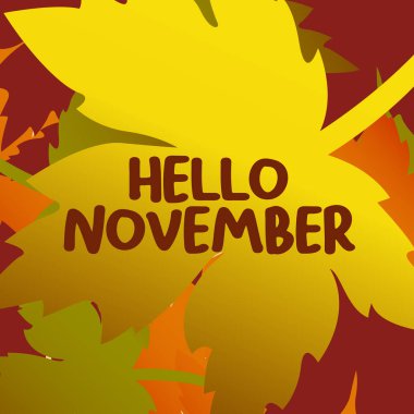 Merhaba Kasım vektörü. Sonbahar havasıyla kasımda. Takvim, aylık logo, kurşun günlüğü veya aylık düzenleyici için el yazısıyla yazılmış ay Kasım ayı. 