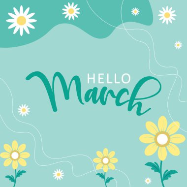 Merhaba Mart vektörü. Mart vektörüne hoş geldiniz. Mart arkaplan vektörü. Bahar mevsimi vektörü.