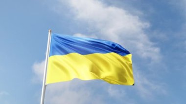 Ukrayna bayrağı, rüzgarda dalgalanan Ukrayna bayrağı mavi gökyüzünde, uzun bayrak direği, kiev, Avrupa, Ukrayna 'nın ulusal sembolü