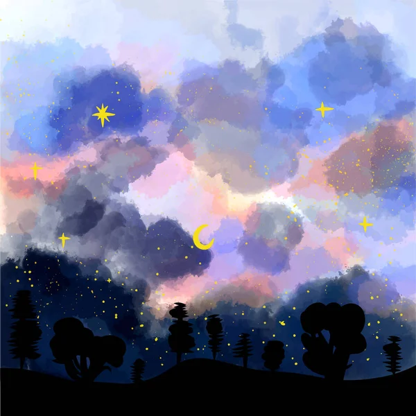 Watercolor landscape, starry sky in the forest, hand drawn, paint