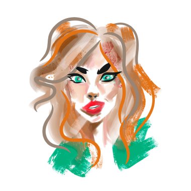 Kız, el çizimi akrilik boyalar, parlak renkler, fırça darbeleri ve boya damlaları, çağdaş sanat