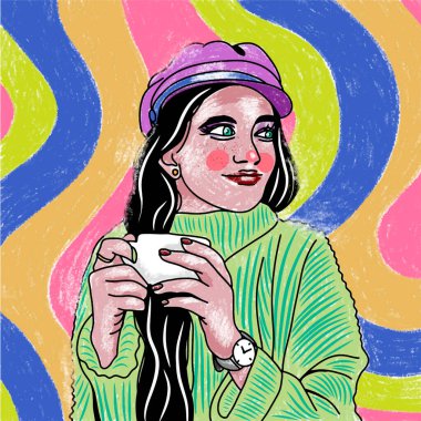 Sıcak kazaklı ve bir fincan kahveli bir kız, parlak geometrik arkaplan çizimleri pop sanatları tarzında.