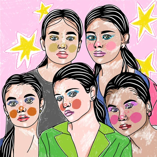 Porträt Einer Gruppe Von Mädchen Mit Einem Schönen Make Leuchtenden — Stockvektor