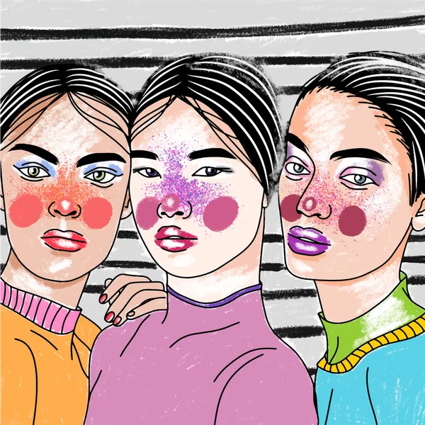 Makyajlı Güzel Kızlar Parlak Bir Arka Planda Parlak Renkler Pop — Stok Vektör