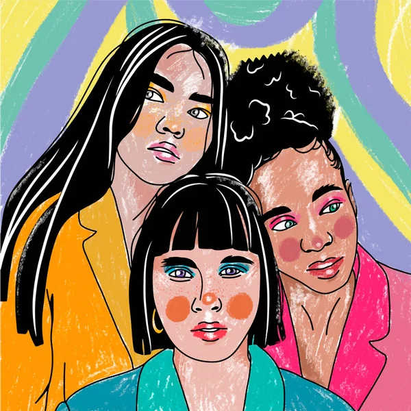 Ομάδα Κοριτσιών Όμορφο Πορτρέτο Φωτεινά Χρώματα Σχέδιο Στυλ Pop Art Εικονογράφηση Αρχείου