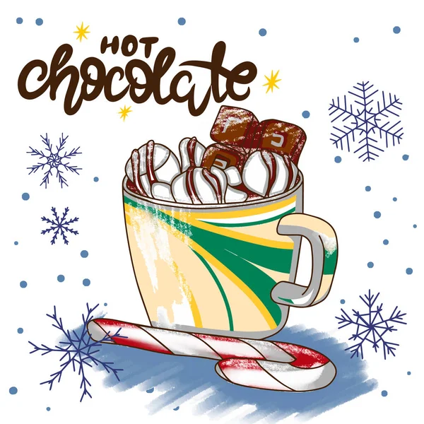 stock vector Hand lettering, Hot chocolate, delicious drink with marshmallow and candy, background snowflakes, doodle style illustration