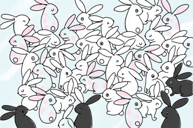 Farklı pozisyonlarda ve boyutlarda tavşanların olduğu arkaplan resmi, akrilik arka planda siyah ve pembe renkler