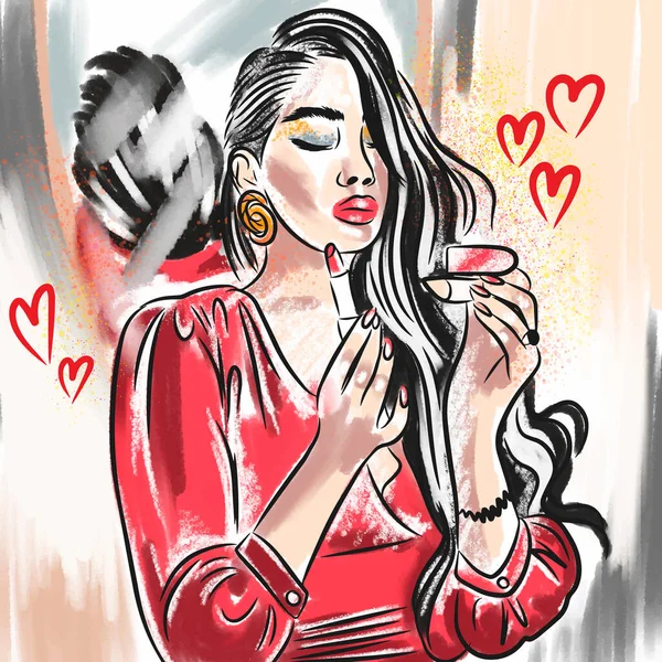 Fashion Illustration Eines Hellen Mädchens Malt Ihre Lippen Schönes Make — Stockvektor