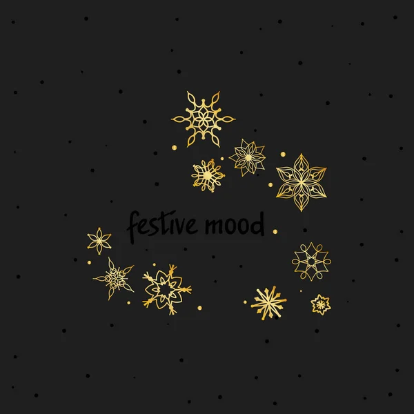 トレンディーなポストカード お祝いムード 手書きのレタリング 暗い背景に金色の雪片 — ストックベクタ