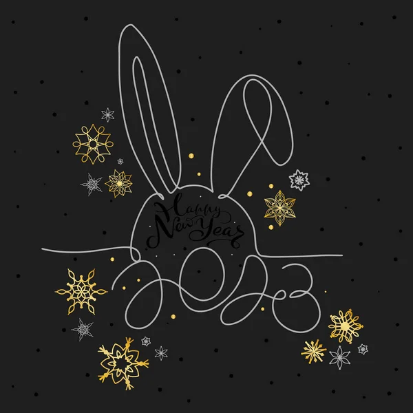 幸せな新年の挨拶カード番号2023 ウサギのシルエット黄金の雪の結晶 暗い背景 — ストックベクタ