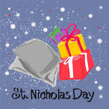 Tatil kartı, Aziz Niklas Günü, arka planda yastık ve hediyeler.