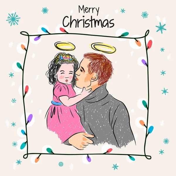 メリークリスマス 手描き 彼の腕の中で彼の娘と若い父親のイラスト ガーランド 背景に雪の結晶 — ストックベクタ