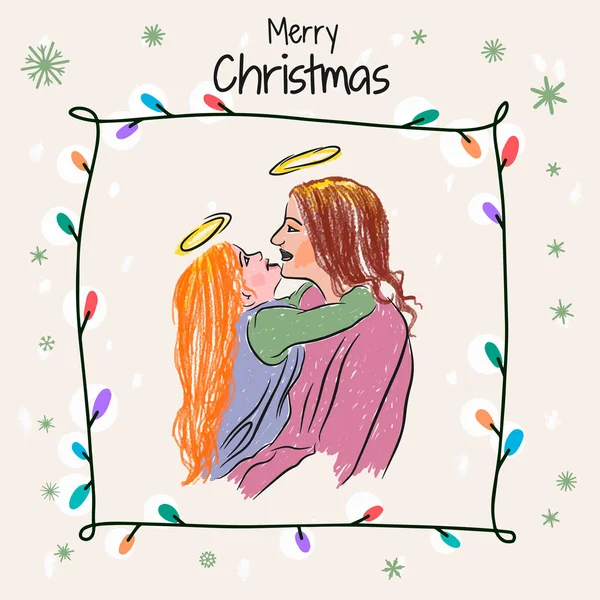 背景に美しい母親と娘 装飾品 ガーランド 雪の結晶の手描きのイラスト メリークリスマス — ストックベクタ