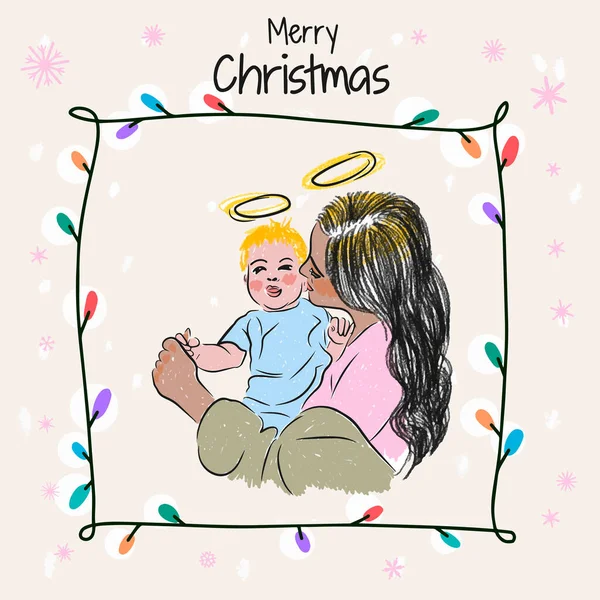 Счастливого Рождества Нарисованная Руки Иллюстрация Красивой Матери Новорожденным Ребенком Семья — стоковый вектор