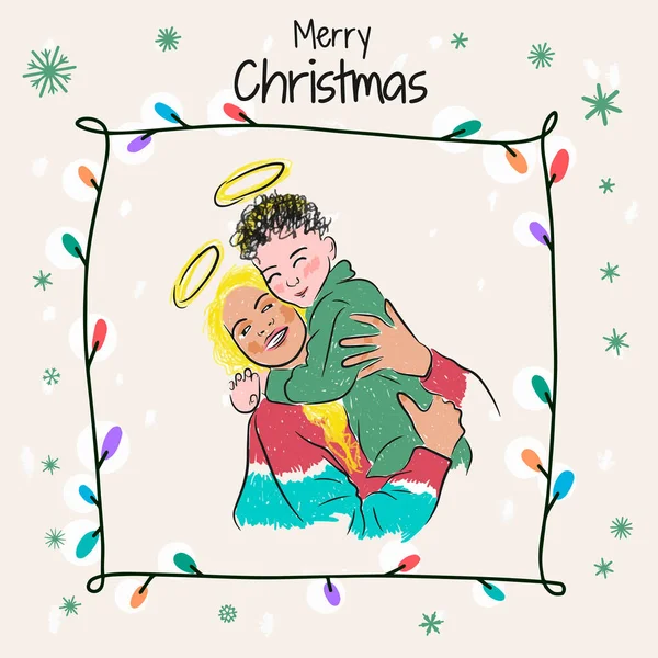 メリー クリスマス 明るいセーターと息子の若い母親の手描きのイラスト 背景のガーランドと雪の結晶 — ストックベクタ