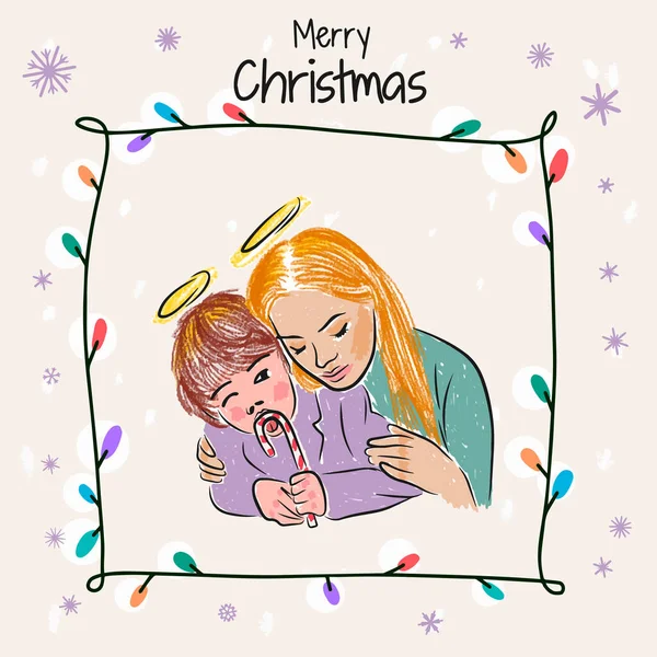 背景には美しい母と息子 装飾品 ガーランド 雪の結晶の手描きのイラスト メリークリスマス — ストックベクタ