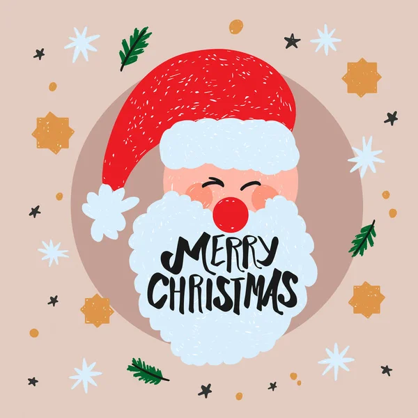 面白いメリークリスマスカード 漫画サンタヘッド ベージュの背景に装飾が施されています — ストックベクタ