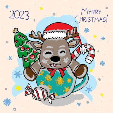 Tatlı bir geyik, içinde şekerlemeler ve Noel ağacı, Noel hazırlığı, kartpostal süslemeleri.