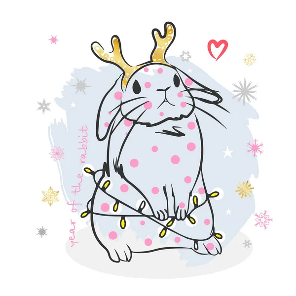 兔子年 手写题词 一只长着金角的兔子 背景是雪花 是节日的明信片 — 图库矢量图片