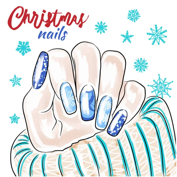 Schöne Winter Nageldesign Handgezeichnete Weihnachten Nägel Maniküre Auf Dem Hintergrund — Stockvektor