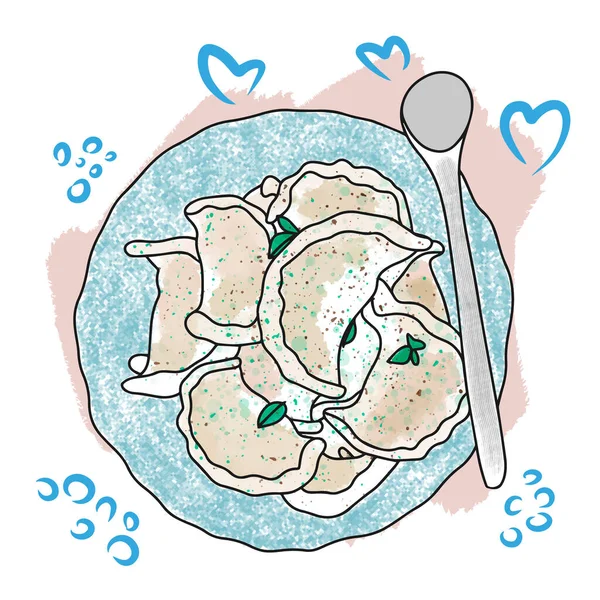 Νόστιμα Ζυμαρικά Ευρωπαϊκή Κουζίνα Doodle Στυλ Εικονογράφηση Πιτσιλιές Χρωμάτων — Διανυσματικό Αρχείο