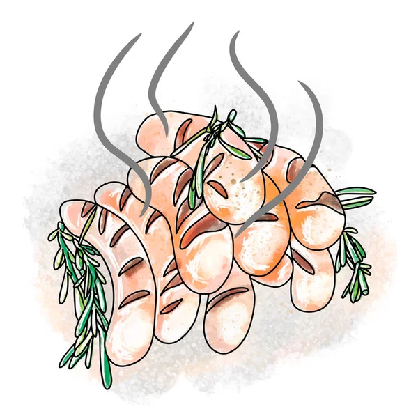 素菜自制香肠 欧式料理 彩绘斑点菜式插图 — 图库矢量图片