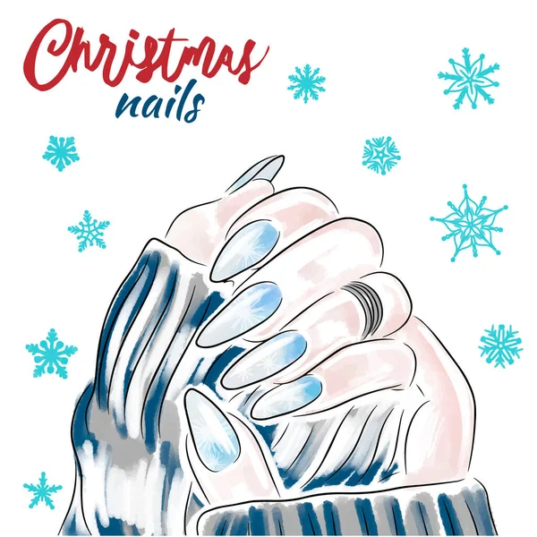 霜降りで流行の手描きの爪のデザイン 雪片の背景にマニキュア — ストックベクタ