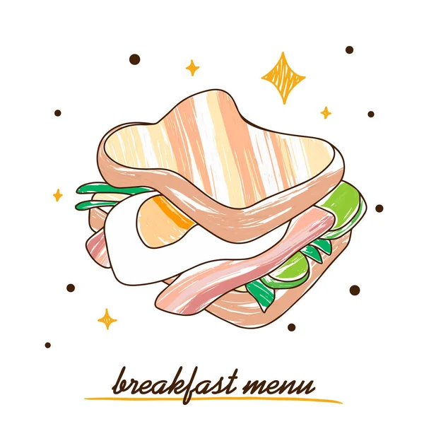 美味的鸡蛋和培根吐司 配以香草 早餐菜单 彩色涂鸦风格的插图 — 图库矢量图片